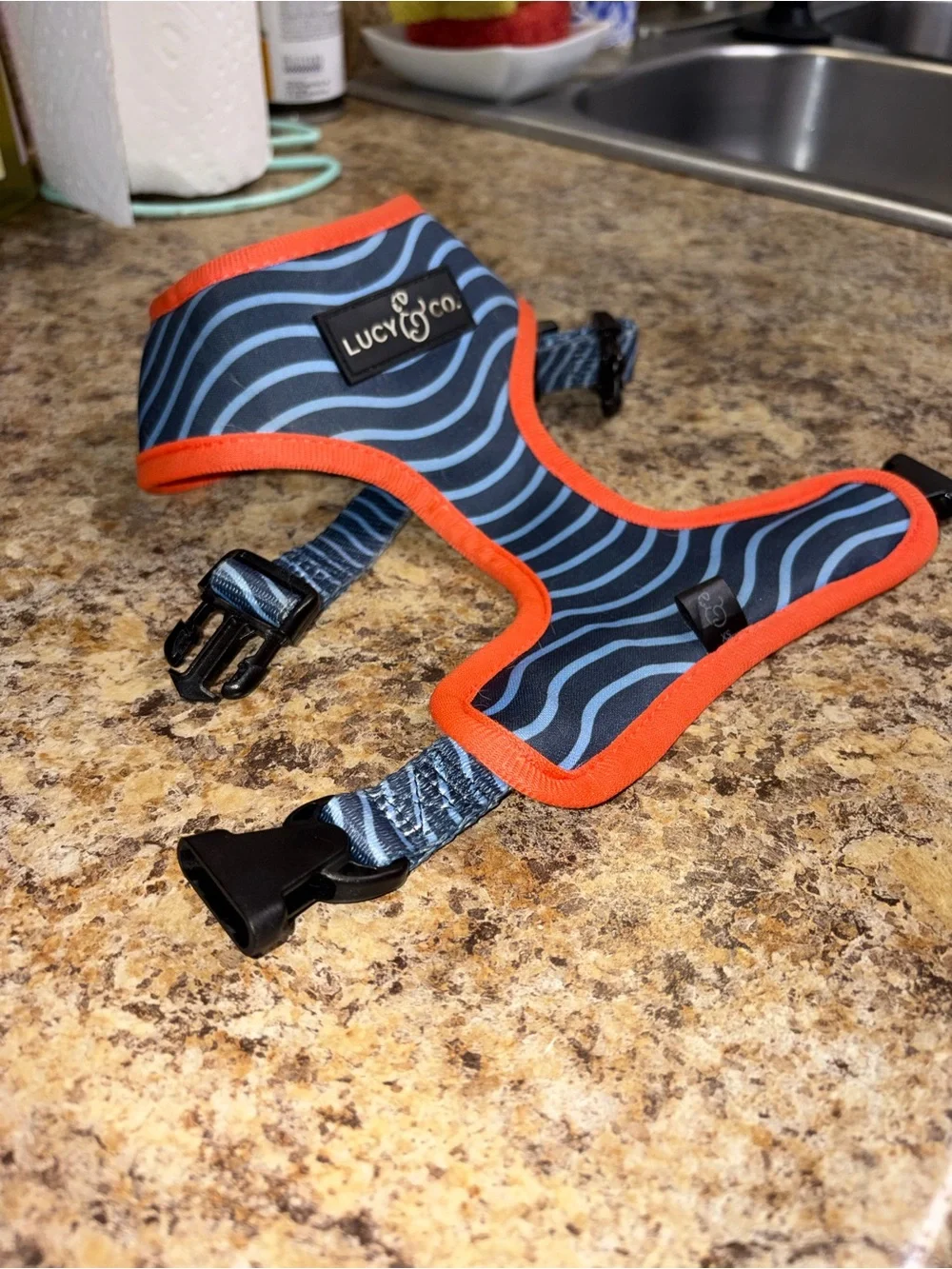 Reversible Ocean-Print Dog Harness with Navy stripes with Orange Trim